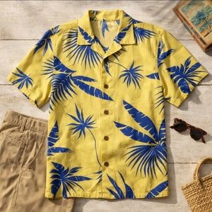 Vintage L.L. Bean Camp Collar Tropical Shirt Yellow Blue Palm Print XL